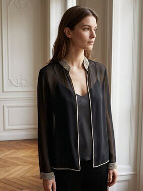 J Kara Black Sheer Jacket with Beaded Gold Trim Size 10